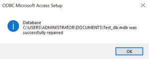 'Database was repaired successfully' message box.