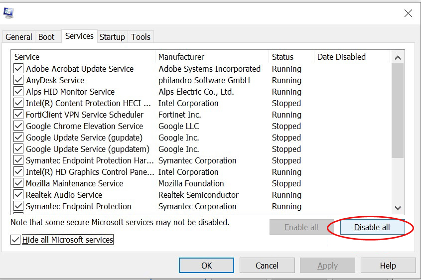 Disable all Microsoft services under services tab