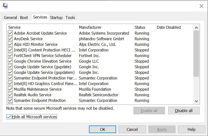 Select "Hide all Microsoft services" under Services tab