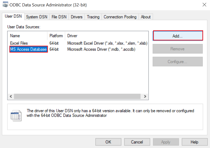 In the ODBC Data Source Administrator (32-bit) window. Under DSN, choose 'MS Access Database' for Name, and proceed by clicking the 'Add' button.
