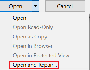 Open a blank workbook in Excel, navigate to File > Open, choose the corrupt file, and, in the Open window, click the arrow beside the Open tab, selecting Open and Repair for file recovery.