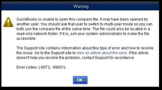 quickBooks warning messages with error code 6073