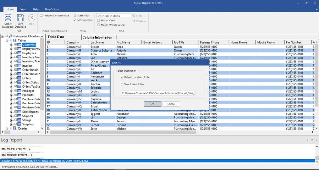 Save repaired access database file at desired location