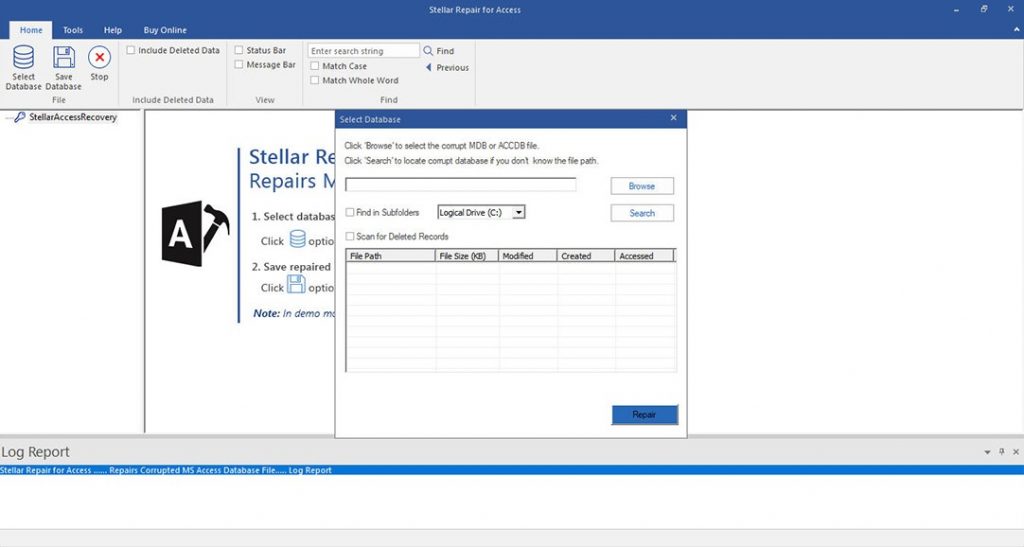 Select corrupt Access database file in Stellar Repair for Access software interface