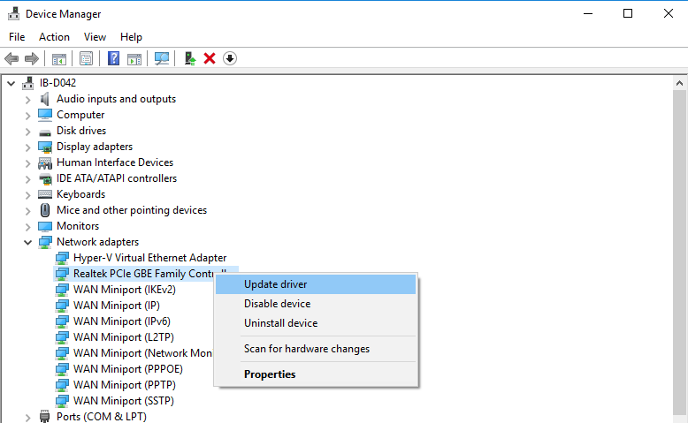 Choose appropriate Network Adapter and 'Update driver'