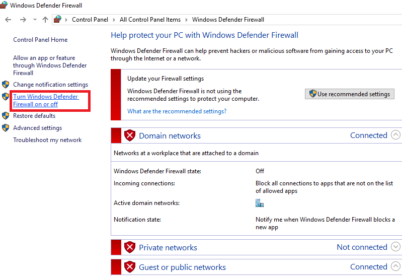 Choose "Turn Windows Defender Firewall on or off"