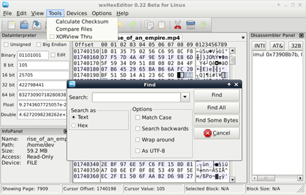 Hex Editor interface on Linux repair CR3 file