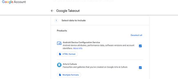 Screenshot showing the Google Takeout page where you can download your Google history data
