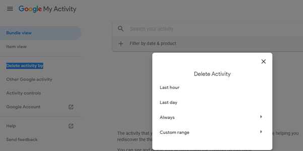 Screenshot showing the tab in the My Activity page by which you can delete your Google history data
