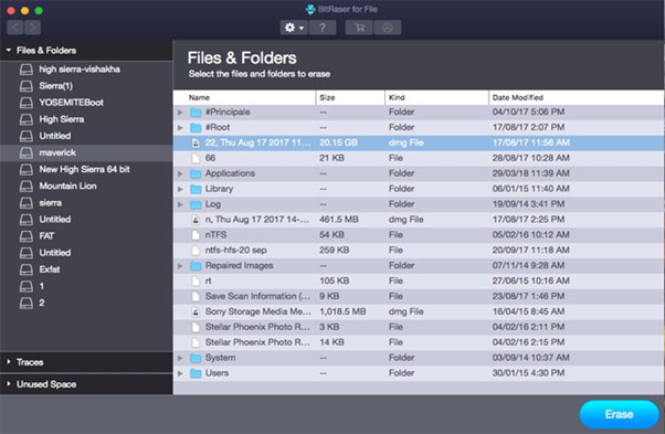 ممحاة ملف BitRaser لنظام التشغيل Mac ، تعرض قائمة الملفات والمجلدات للمحو