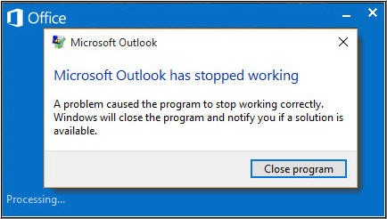 Error Microsoft Outlook has stopped working.