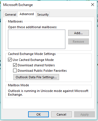 Outlook data file settings...