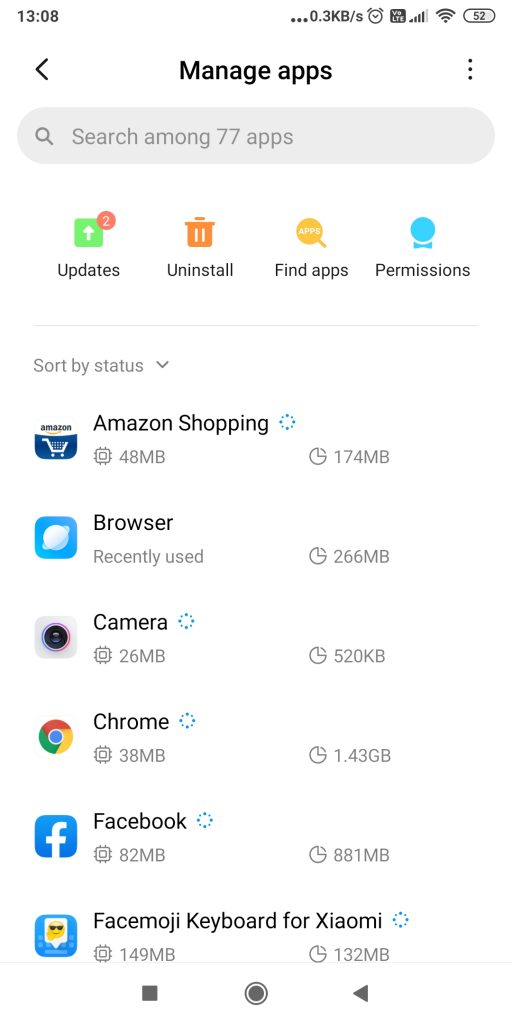 Camera app under Manage apps