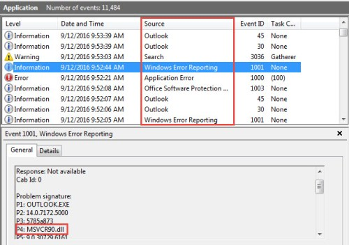  “Source” column of the centre pane, locate “outlook”, “Windows Error Reporting” or “Application Error”
