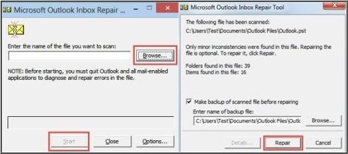 Click ?Browse? button and select the damaged or corrupt PST file.
Click on ?Start? to scan PST for corruption errors.
click on the ?Repair? button to initiate the repair process
