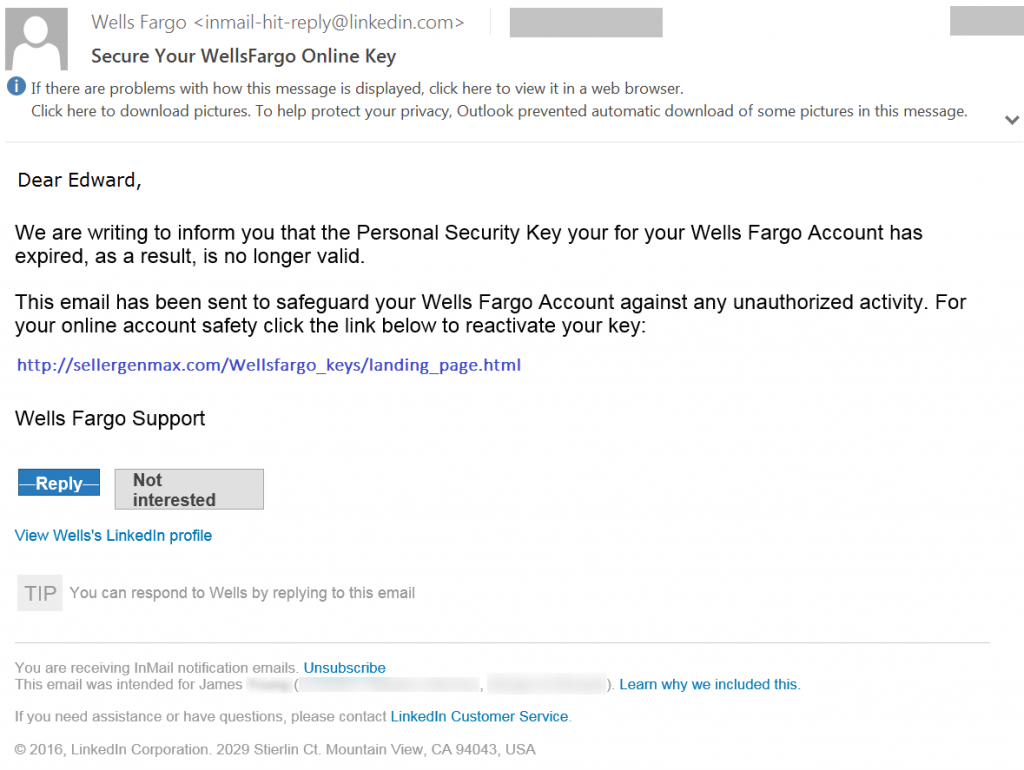 A Phishing Email Sent Via LinkedIn