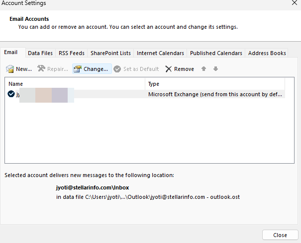 Choose your Exchange account and click Change
