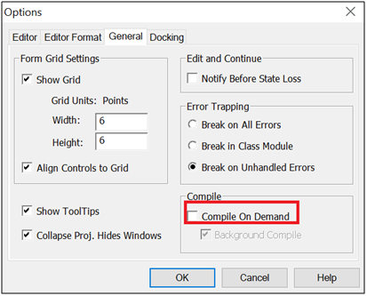 Navigate to Options in the Visual Basic for Applications (VBA) environment by clicking on Tools.