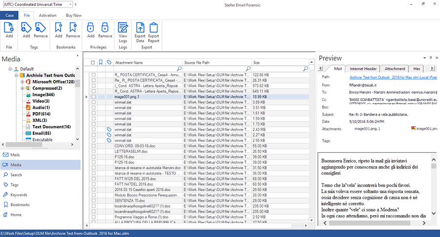 Email Attachments Navigation Tree in Stellar Email Forensic Software