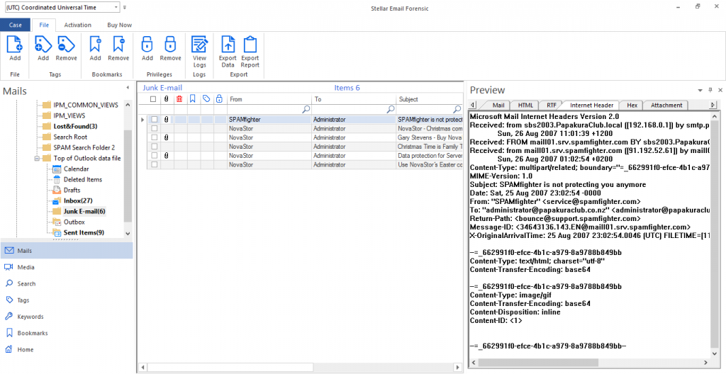 Email Header view in Stellar Email Forensic Software