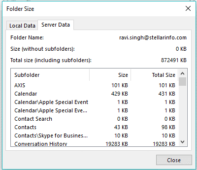 view your current mailbox size