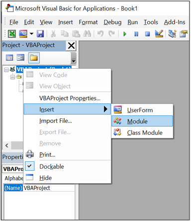 Within the Project navigation pane, right-click on Module and choose Insert to add a new module in the Visual Basic for Applications (VBA) environment.