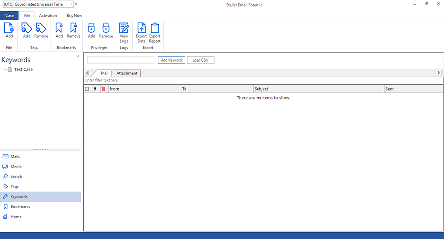 Keywords Tab in Stellar Email Forensic Software