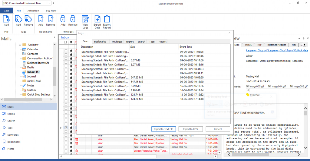 Logs View in Stellar Email Forensic Software