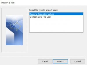 outlook import a file window