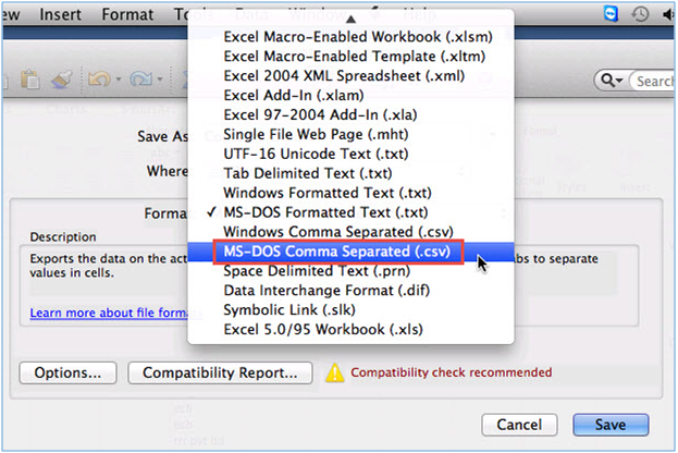 select ms-dos comma separated csv file