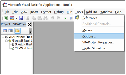 Navigate to Options in the Visual Basic for Applications (VBA) environment by clicking on Tools.