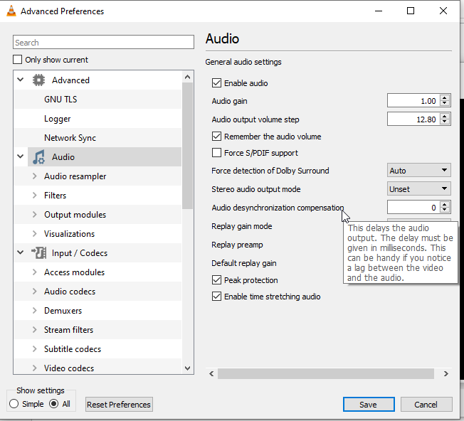 set ?Audio desynchronization compensation? in VLC