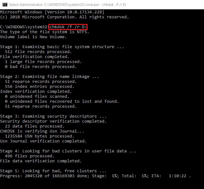Run CHKDSK /r /r D command to fix hard disk issues
