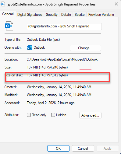 Check the &ldquo;Size on disk&rdquo; value