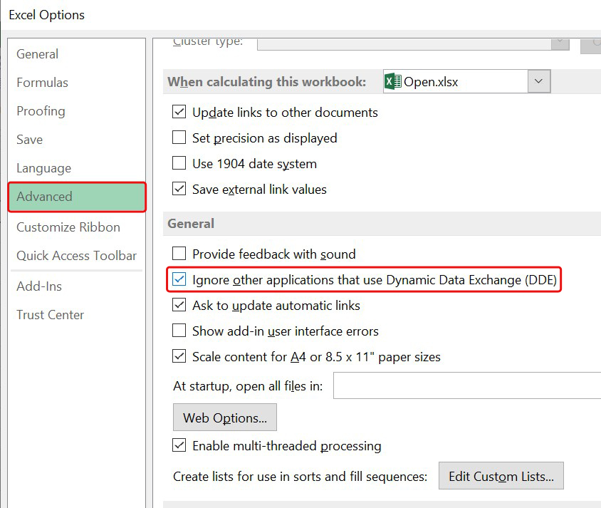  Go to General section and deselect ?ignore other applications that use Dynamic Data Exchange (DDE)