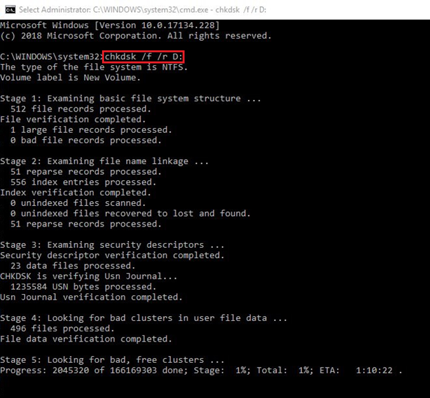 Immagine 7: Eseguire il comando Chkdsk