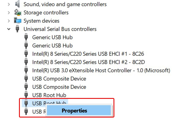 Immagine 8: Aprire le proprietà dell'hub di root USB