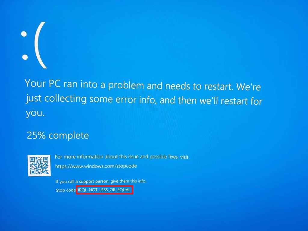 microsoft error code stop code irql not less or equal