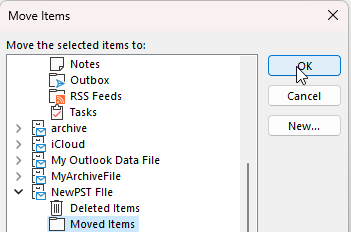 select the folder you&rsquo;ve created in the PST file