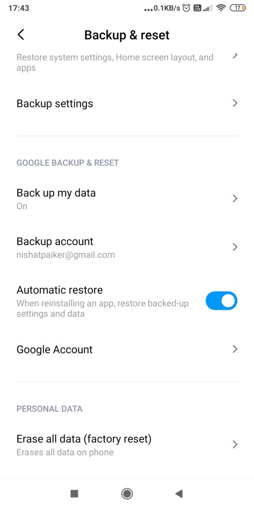 Factory reset option in Redmi Note 5 Pro