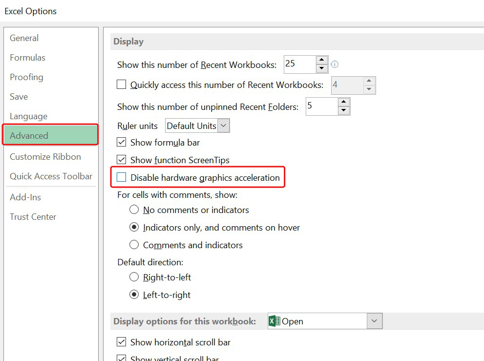 Select Disable hardware graphics acceleration option from the list on the window