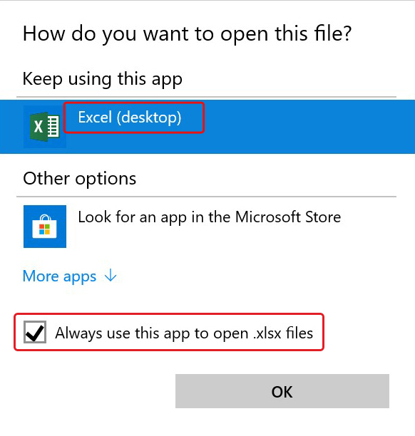 Select Always use this app to open .xslx files to open the program