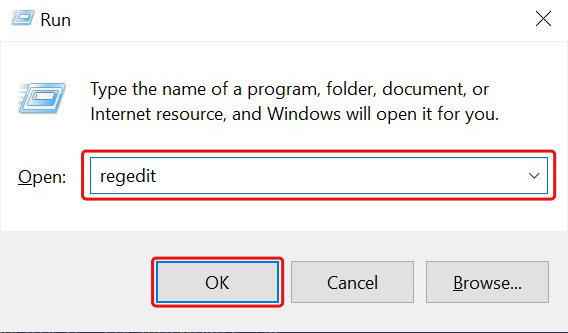 Type regedit command in the Run dialog box to open Registry Editor