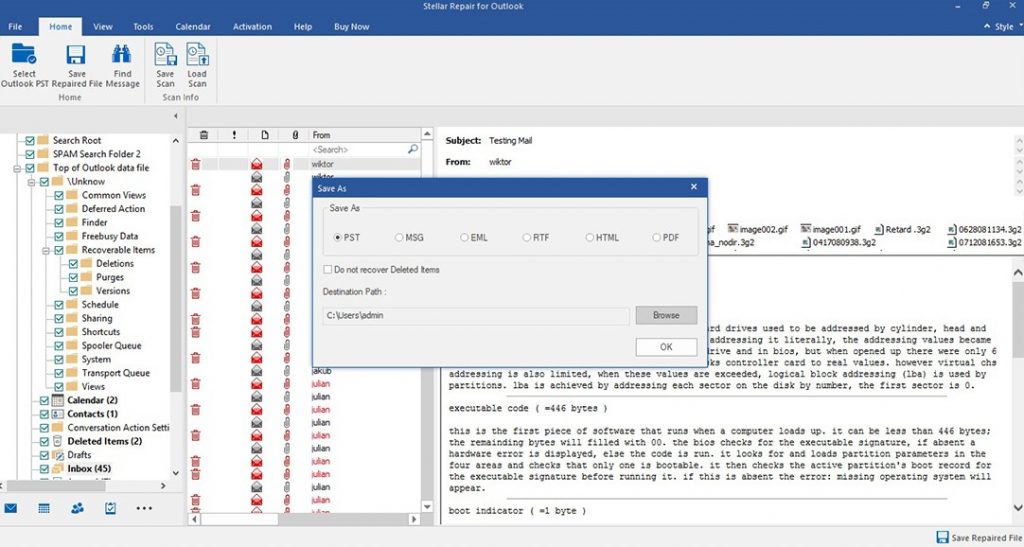 save repaired PST file to new PST or other formats