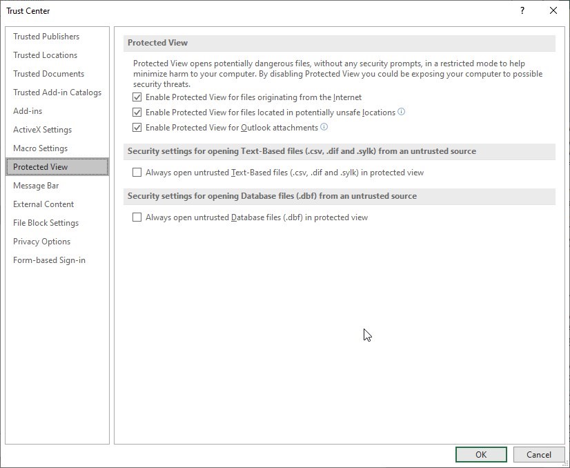 Uncheck Protected View Settings