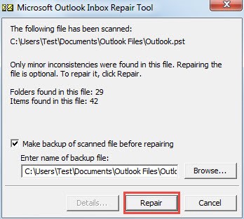 Repair PST by using ScanPST Inbox repair tool