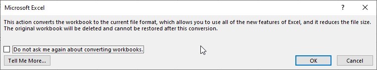 Accept warning when prompt appears to open XLS file in MS Excel 2016