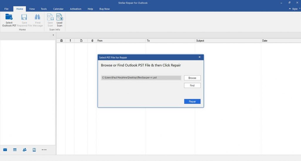 Stellar Repair for Outlook Software Home Screen