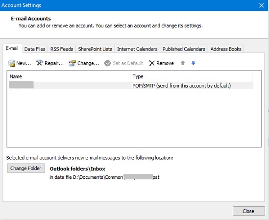 outlook account settings window