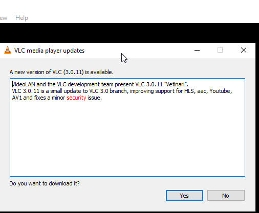 VLC message when new version is available